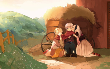 Картинка рисованные дети забор холмы сено девочки мальчик