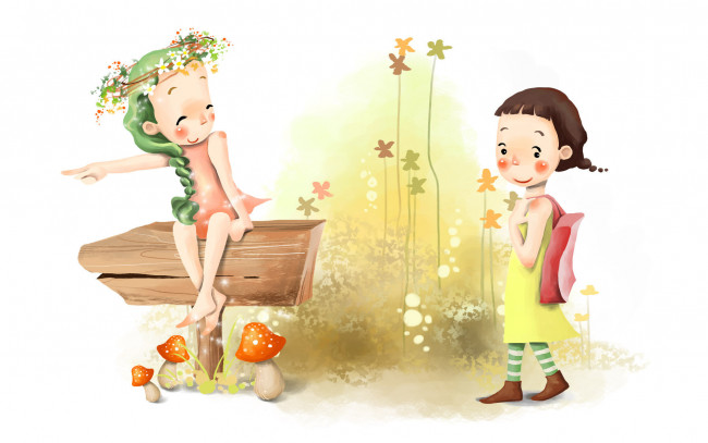 Обои картинки фото рисованные, дети, грибы, скамейка, девушки, цветы