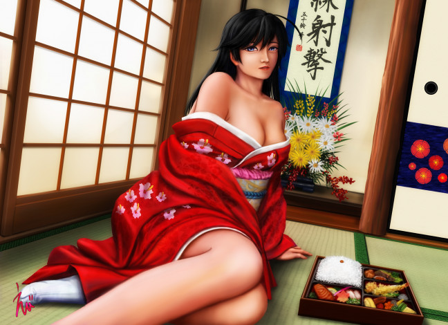 Обои картинки фото фэнтези, девушки, ноги, комната, кимоно, брюнетка, девушка