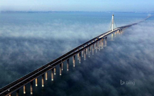 Обои картинки фото города, - мосты, небо, китай, опора, туман, мост, море