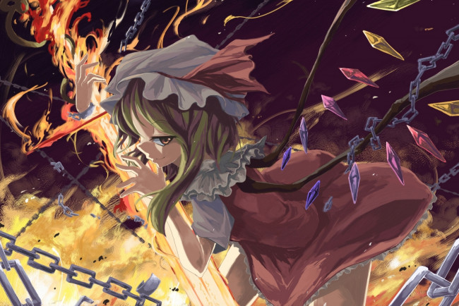 Обои картинки фото аниме, touhou, оружие, огонь, кристаллы, крылья, чепчик, девушка, арт, flandre, scarlet, sorano, eika