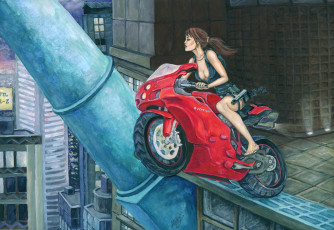 Картинка рисованное комиксы фон девушка город мотоцикл