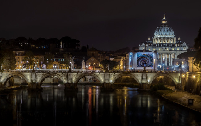 Обои картинки фото города, рим,  ватикан , италия, собор, ночь, река, мост