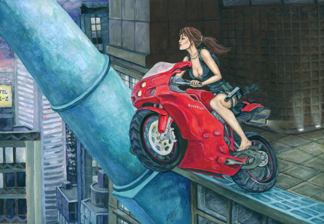 Обои картинки фото рисованное, комиксы, фон, девушка, город, мотоцикл