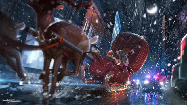 Обои картинки фото праздничные, дед мороз,  санта клаус, зима, рисунок, снег, полиция, рождество, снежинки