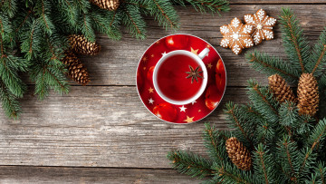 Картинка праздничные угощения сосновые ветки шишки пряники чай
