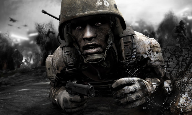 Обои картинки фото 3д графика, армия , military, форма, пистолет, каска, взгляд, фон, мужчина