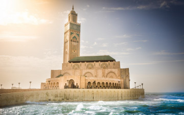 обоя города, - мечети,  медресе, касабланка, мечеть, хасана, мавританская, архитектура, марокко, побережье, атлантический, океан