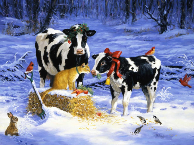 Обои картинки фото рисованные, животные, корова, кот, свиристель, заяц