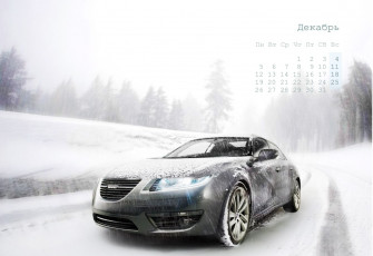 обоя календари, автомобили, дорога, авто, сааб, снегопад