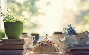 Картинка еда натюрморт книги торт блюдо чашки цветы