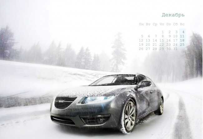Обои картинки фото календари, автомобили, дорога, авто, сааб, снегопад