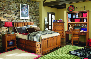 Картинка интерьер спальня подушки тумбочки кровать