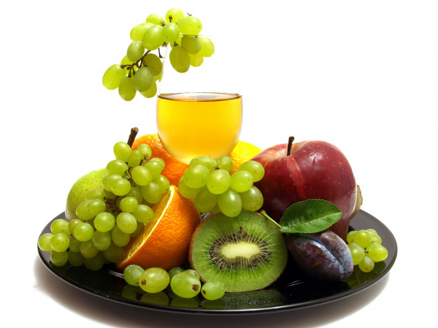 Обои картинки фото еда, фрукты, ягоды, киви, виноград, апельсины, сливы, яблоко, вино