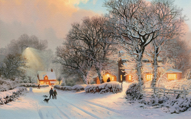 Обои картинки фото рисованные, живопись, зима, деревня, люди, дорога, собака, свет
