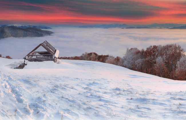 Обои картинки фото природа, зима, сопки, снег, закат