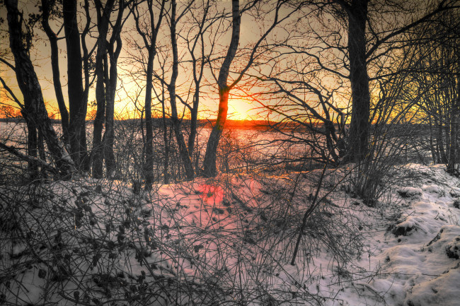 Обои картинки фото германия, нютцен, природа, восходы, закаты, закат, снег, зима
