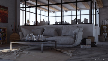Картинка 3д+графика realism+ реализм стол подушки комната диван