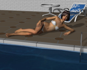 Картинка 3д+графика люди+ people шезлонг девушка взгляд фон бассейн бикини