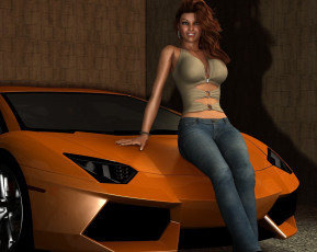 Картинка автомобили 3d+car&girl девушка взгляд фон улыбка автомобиль