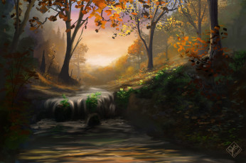 Картинка рисованное природа деревья водопад осень река поток лес листья