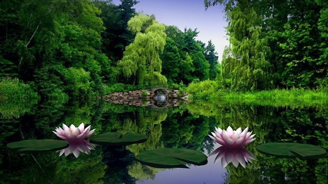 Обои картинки фото разное, компьютерный дизайн, водоем, цветы, мост, деревья