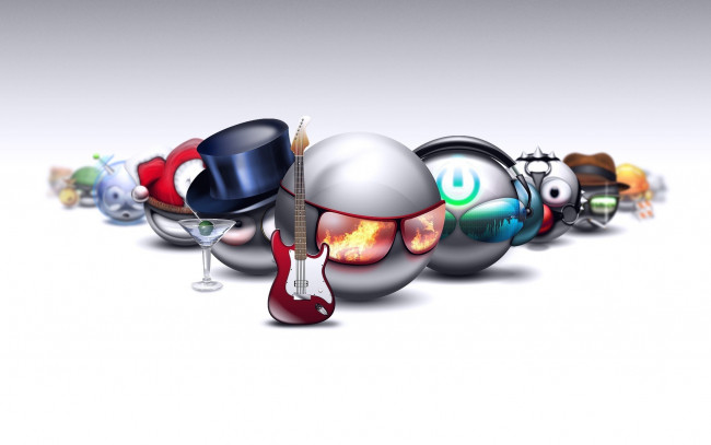 Обои картинки фото 3д графика, юмор , humor, смайлы, бокал, шляпа, огонь, очки, гитара, шары, наушники