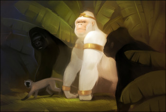 Картинка gaudibuendia рисованное животные +обезьяны art лес джунгли гориллы альбинос white king