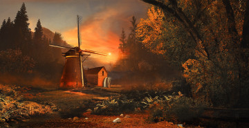Картинка рисованное живопись мельница дом лес восход утро деревья настроение