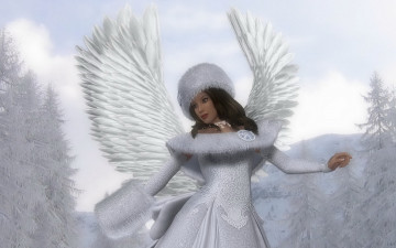 Картинка 3д+графика люди+ people крылья зима взгляд ангел фон девушка