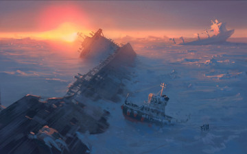 Картинка фэнтези романтика+апокалипсиса океан фантастика apocalypse alexiuss art frozen корабль лед снег море