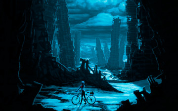 Картинка фэнтези романтика+апокалипсиса руины город велосипед ночь zee captain romantically apocalyptic apocalypse