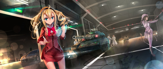 Обои картинки фото аниме, оружие,  техника,  технологии, танк, девушка, машина