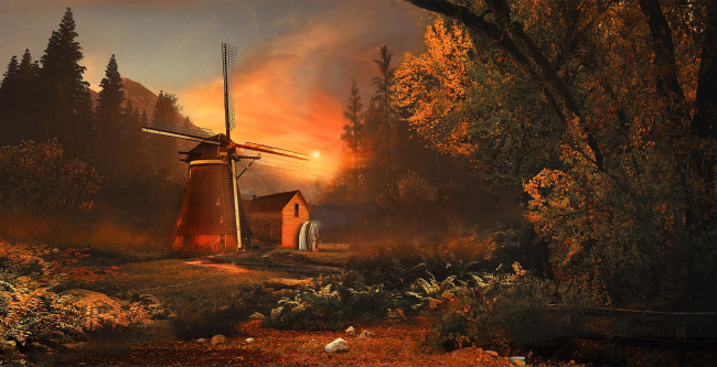Обои картинки фото рисованное, живопись, мельница, дом, лес, восход, утро, деревья, настроение