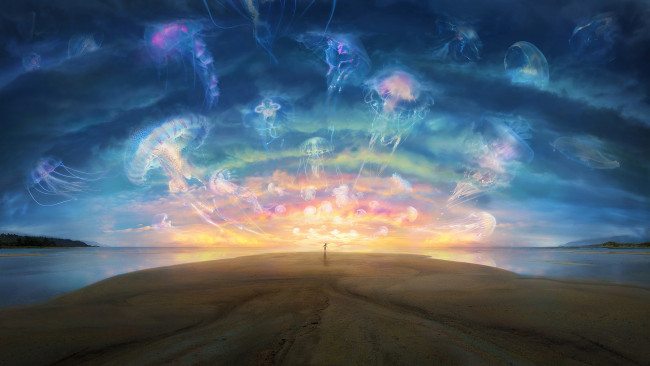 Обои картинки фото фэнтези, магия, медузы, небо, красота, закат