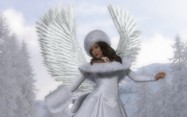 Обои картинки фото 3д графика, люди , people, крылья, зима, взгляд, ангел, фон, девушка