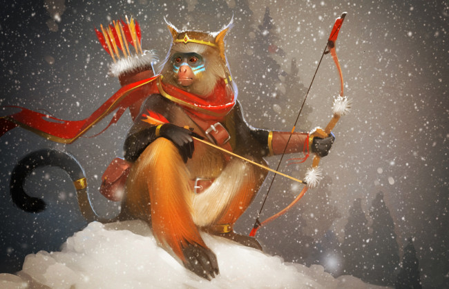 Обои картинки фото рисованное, животные,  обезьяны, снег, зима, стрелы, лук, обезьяна, арт