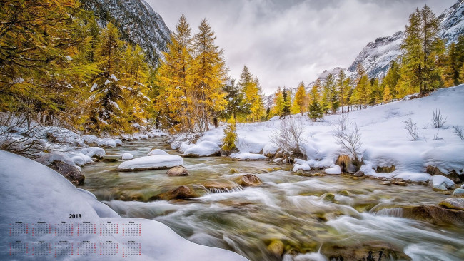Обои картинки фото календари, природа, деревья, снег, водоем, 2018