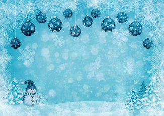 обоя праздничные, векторная графика , новый год, шары, снежинки, снег, снеговик