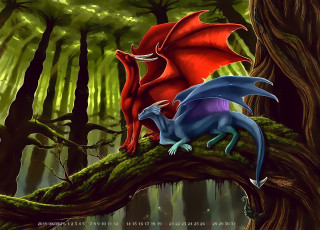 Картинка календари фэнтези растение красный синий дерево calendar 2019 дракон