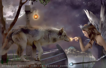 Картинка календари фэнтези calendar диадема волк девушка фея хищник 2019 крылья корона животное