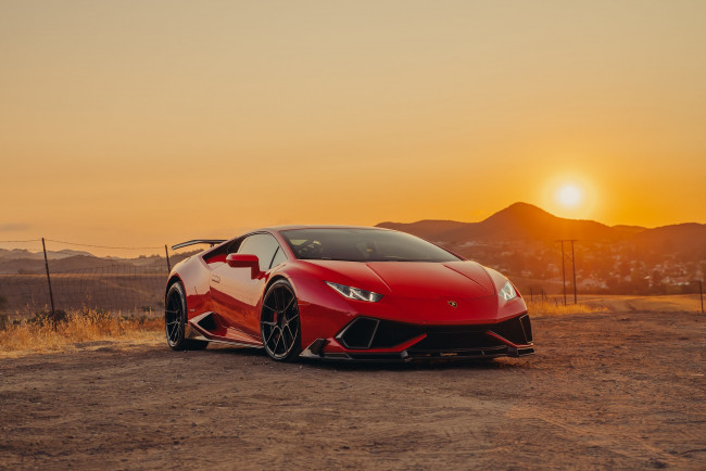 Обои картинки фото автомобили, lamborghini, sun, sunset, red, vag, huracan