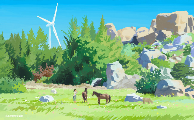 Обои картинки фото рисованное, природа, девушка, лошади, скалы, деревья, ветряк