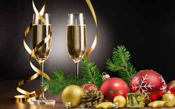 обоя праздничные, - разное , новый год, бокалы, шампанское, серпантин, шарики