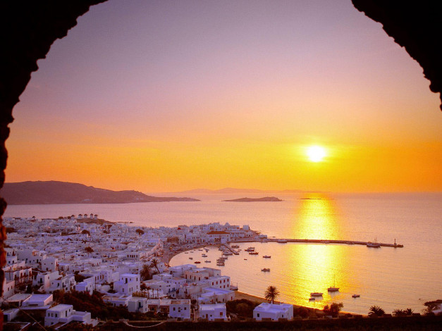 Обои картинки фото the, cyclades, islands, at, sundown, greece, города, пейзажи