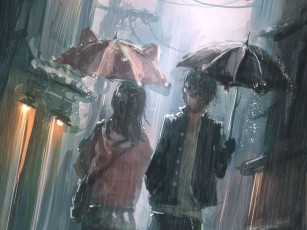 обоя аниме, *unknown, другое, лампы, просвет, город, улица, дождь, ушки, зонтики, девушка, парень