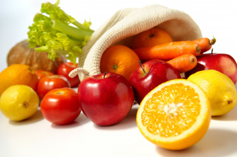 Картинка еда фрукты овощи вместе яблоки помидоры лимон морковь апельсины томаты