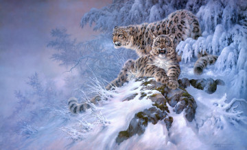Картинка рисованные larry fanning ирбис лес снег зима снежный барс