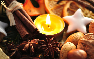 обоя праздничные, новогодние, свечи, специи, орехи