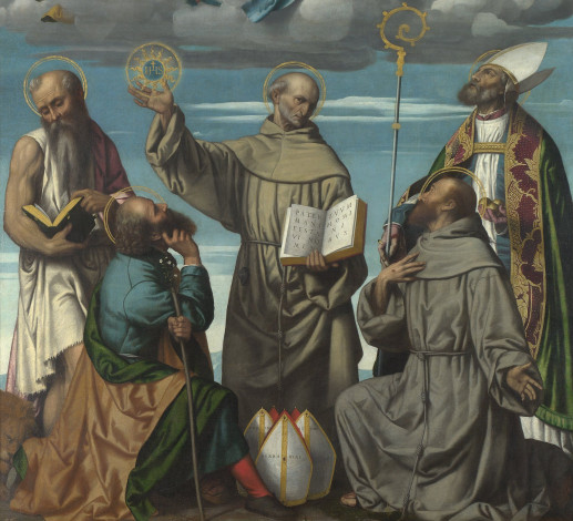 Обои картинки фото moretto, da, brescia, the, madonna, and, child, with, saints, фрагмент, рисованные